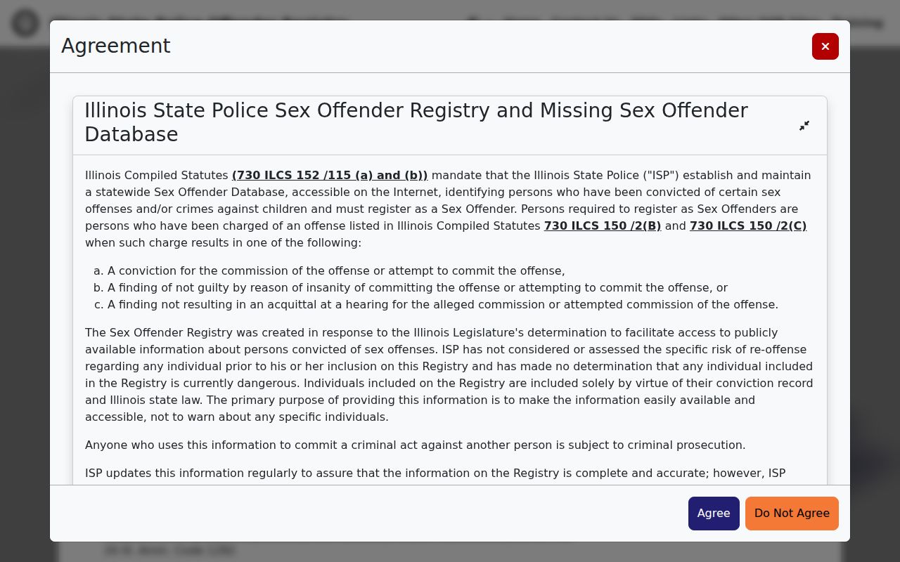 Coles County criminal history sex offender registry disclaimer