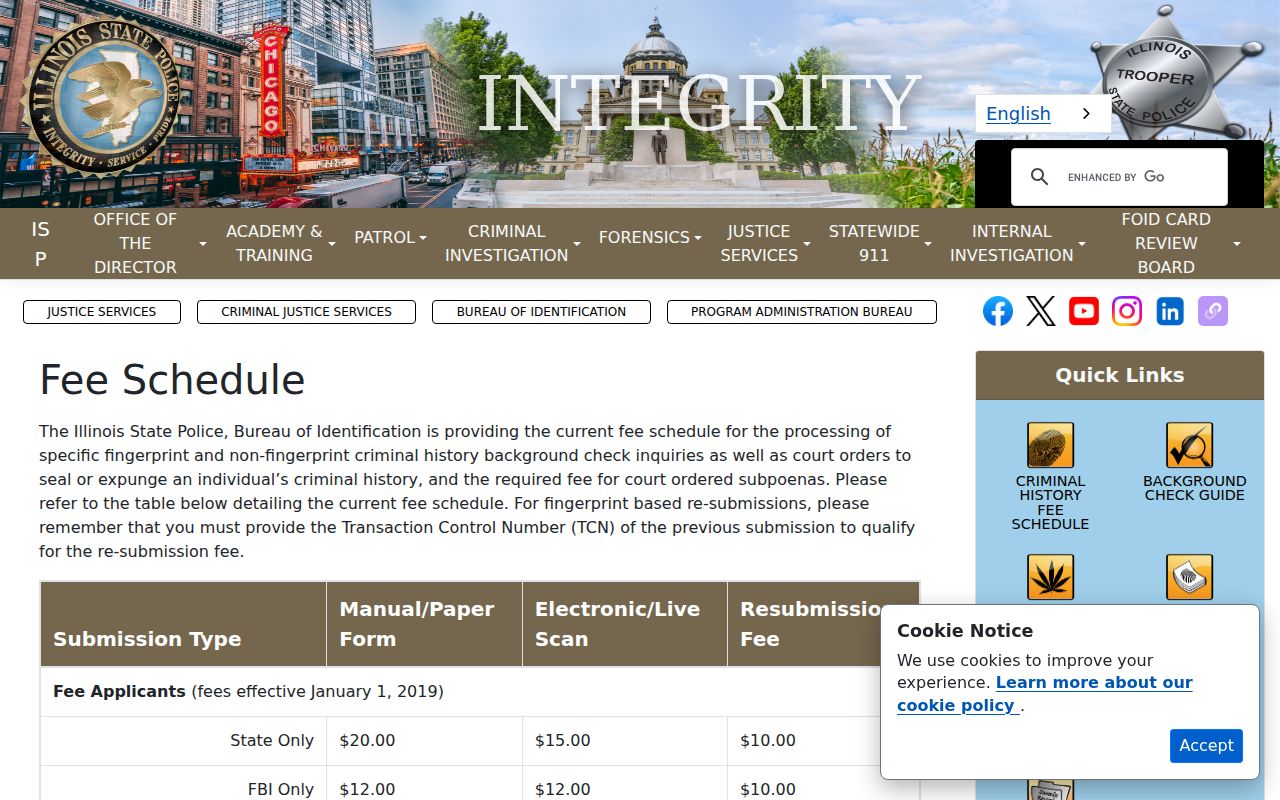 Illinois State Police criminal record fee schedule