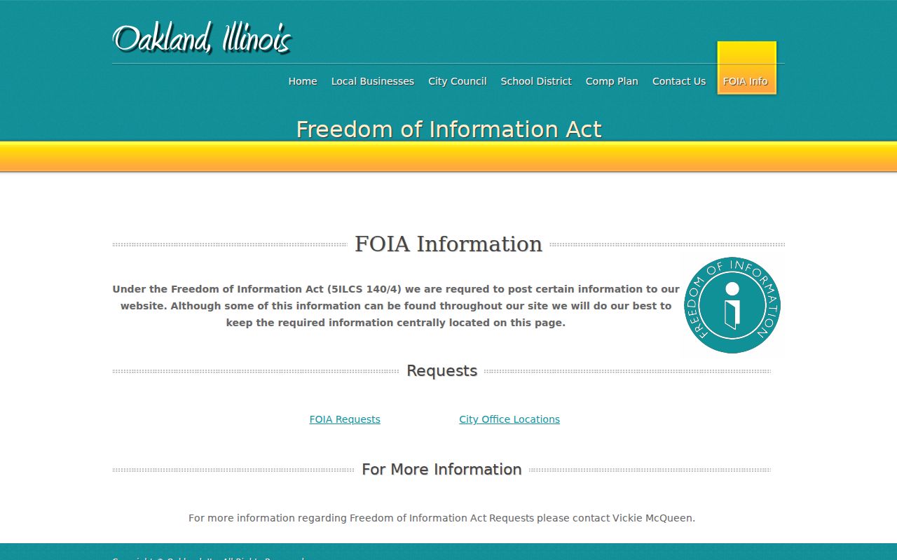 Oakland Illinois official FOIA instructions directing requests to the City Clerk